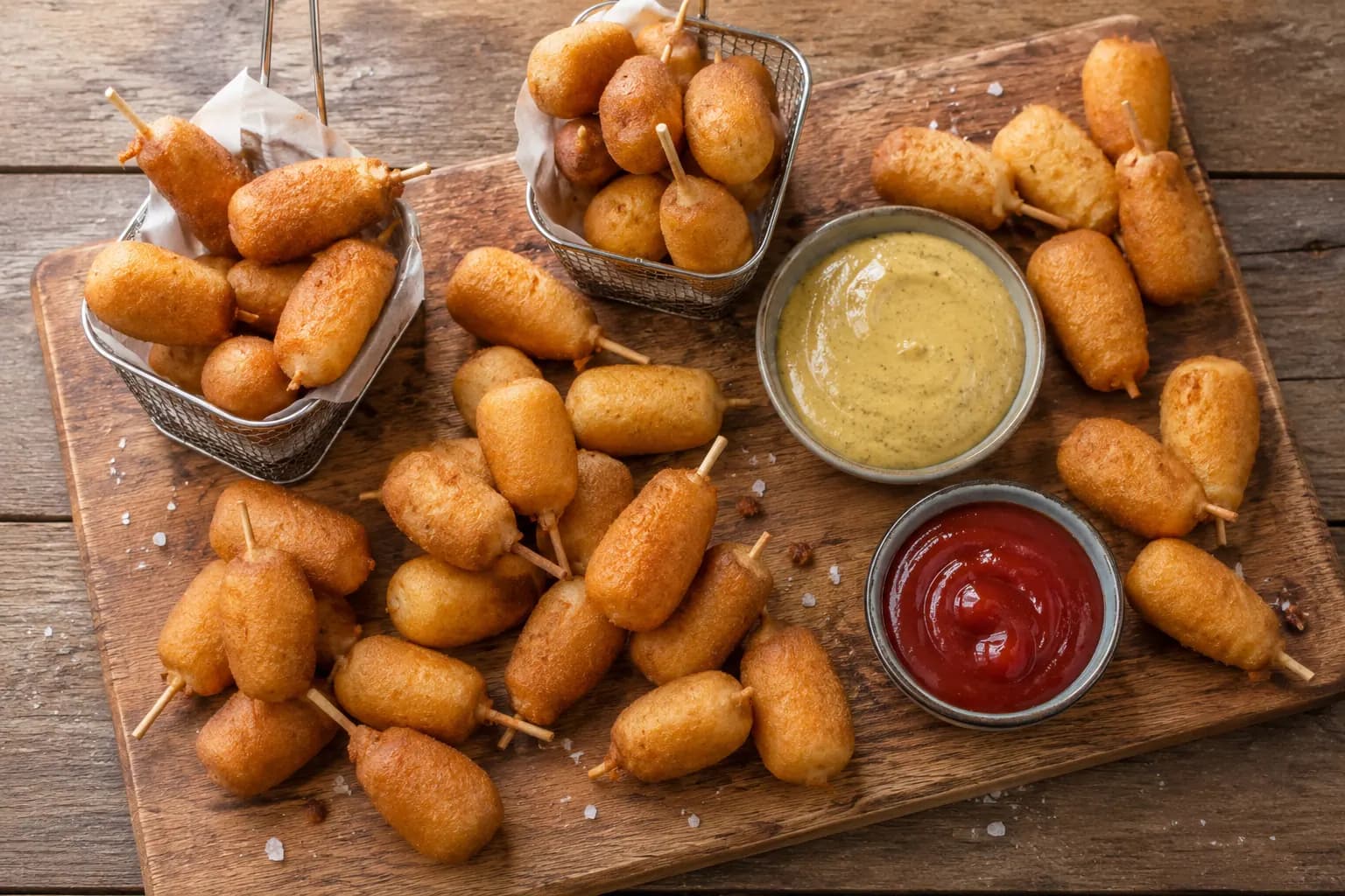 Mini corn dogs met honing-mosterd