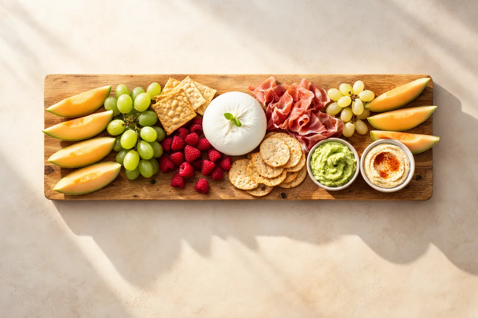 Borrelplank met meloen, burrata en avocadodip