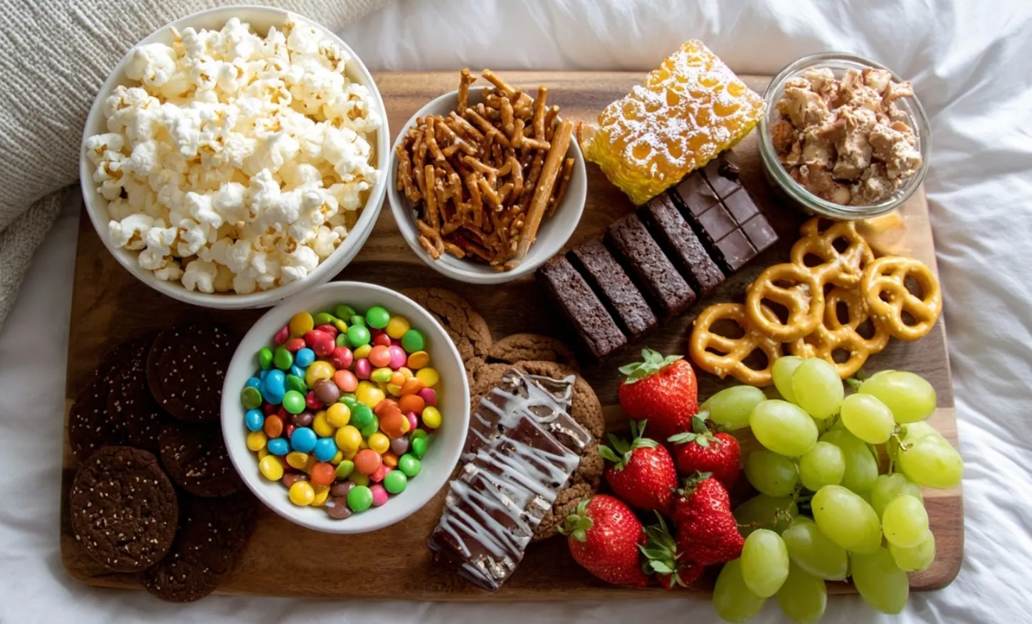 Filmavond plank met popcorn en snacks