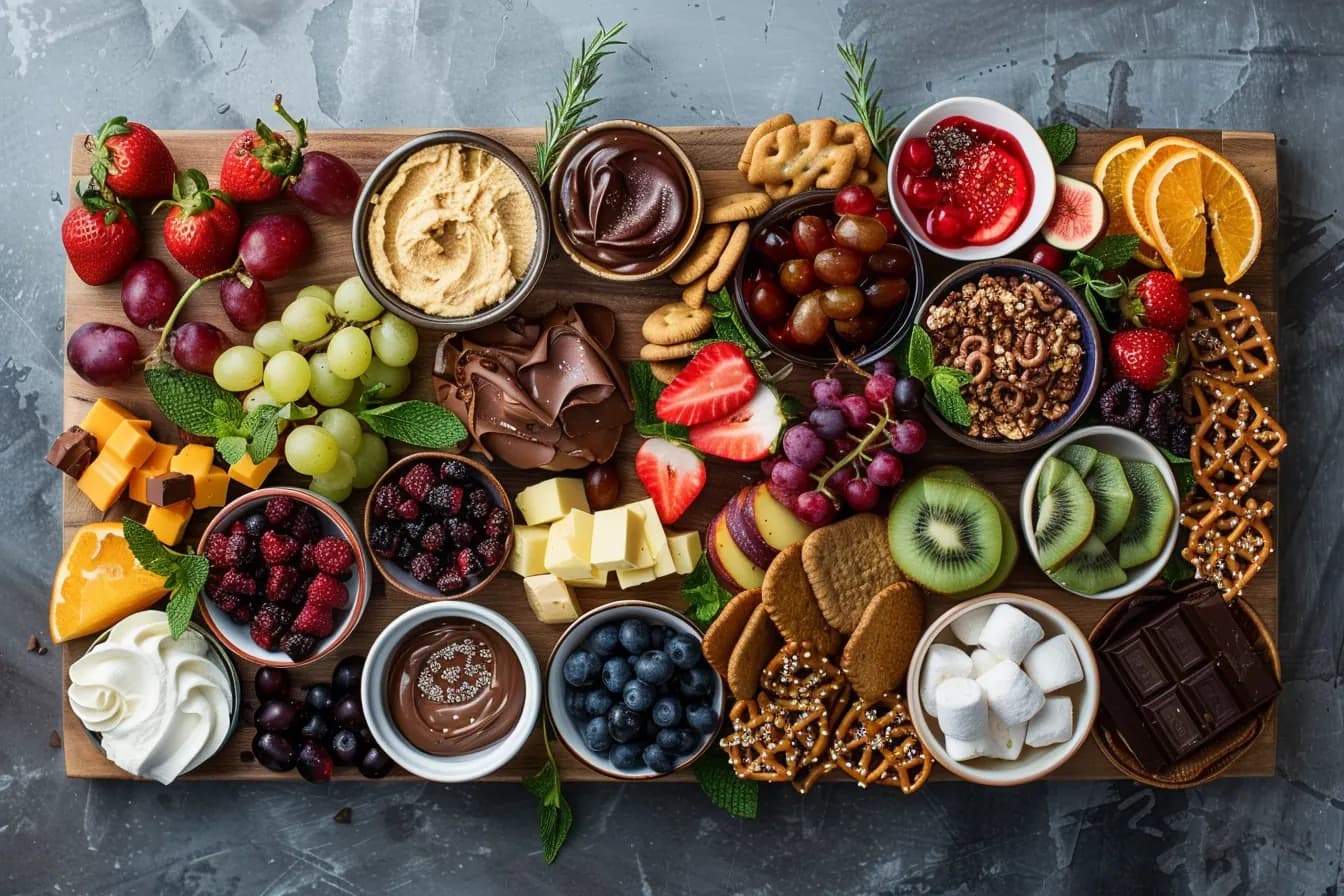 Vegan dessertplank met fruit, koekjes en chocolade