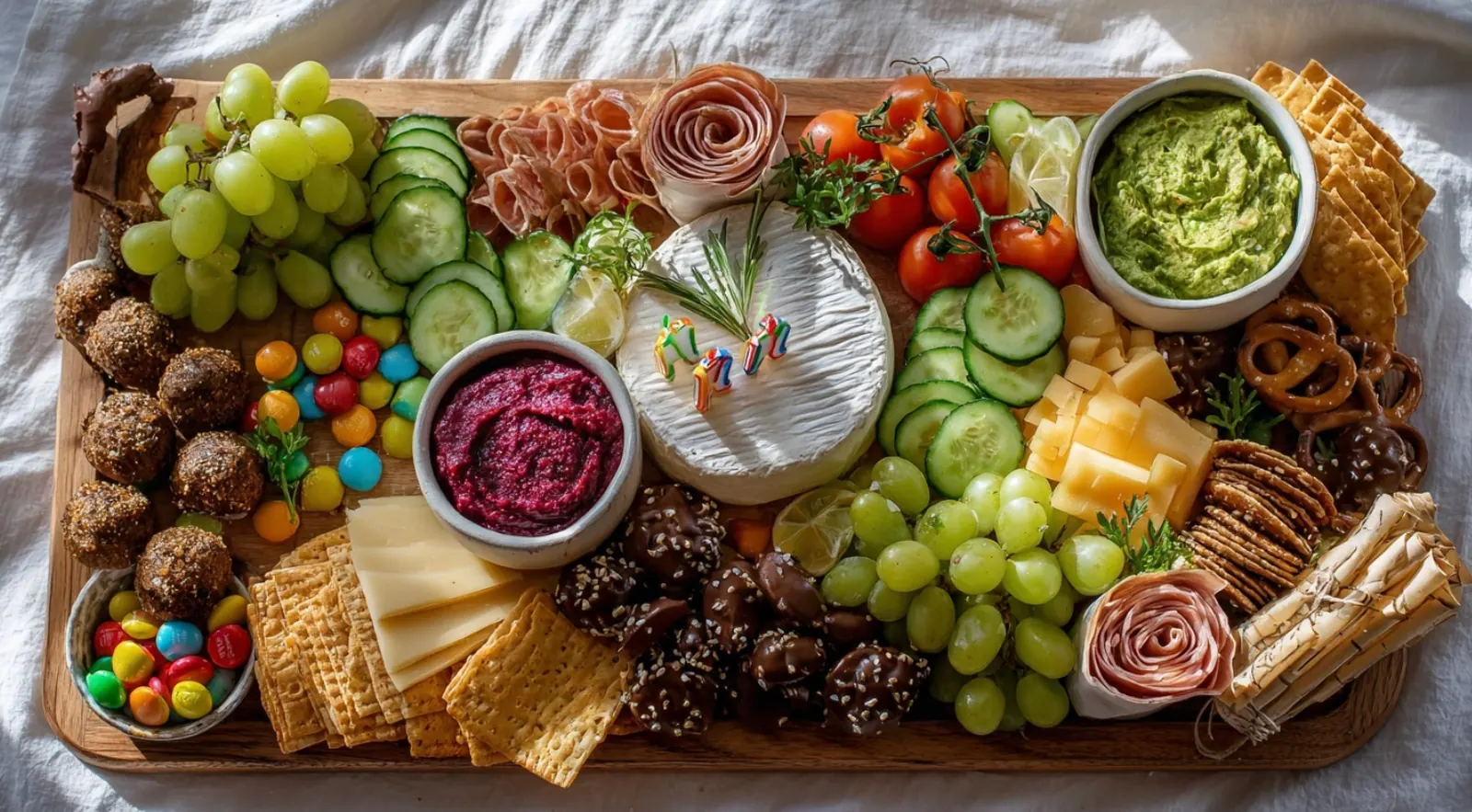 Verjaardagsplank met bietenhummus en brie